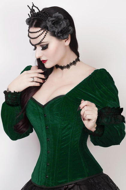 Enchanted Custom Corsets and Bridal Apparel - Forest Queen ensemble  featuring six shades of green, a heavily bustled, gathered and beaded  skirt, with matching overbust corset featuring beaded and sequined  aplliques 