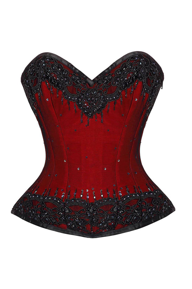 Sexy Red Corset w/Black Lace Overlay, Plastic Boned